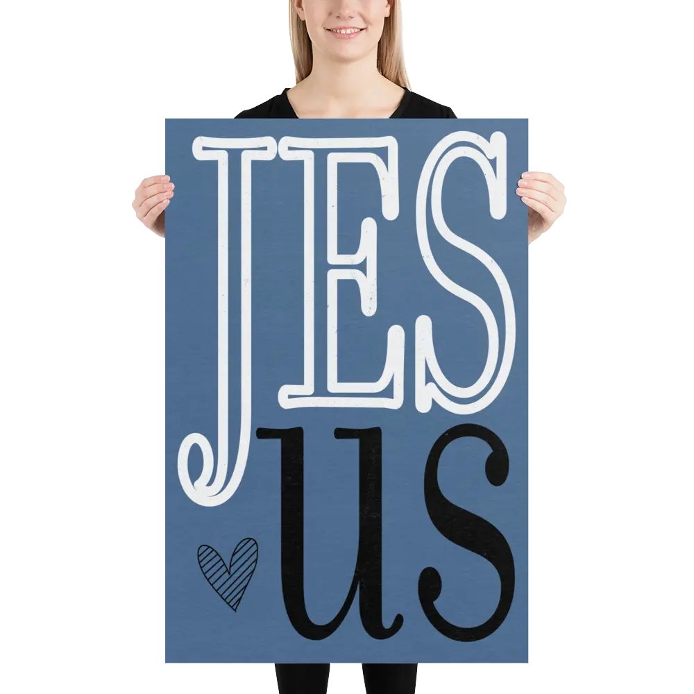 Person holding a blue sign with 'JESUS' text