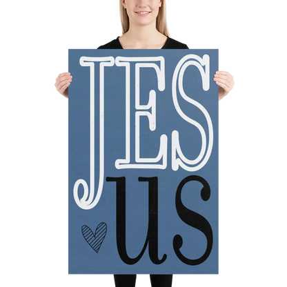 Person holding a blue sign with 'JESUS' text