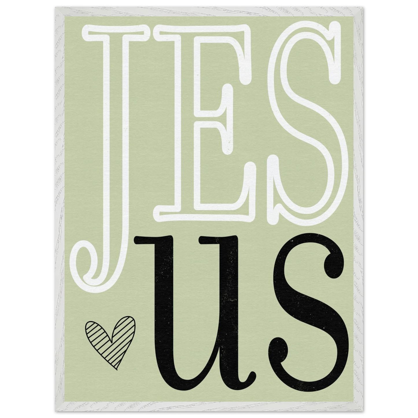 Decorative sign with 'JESUS' text on a light green background