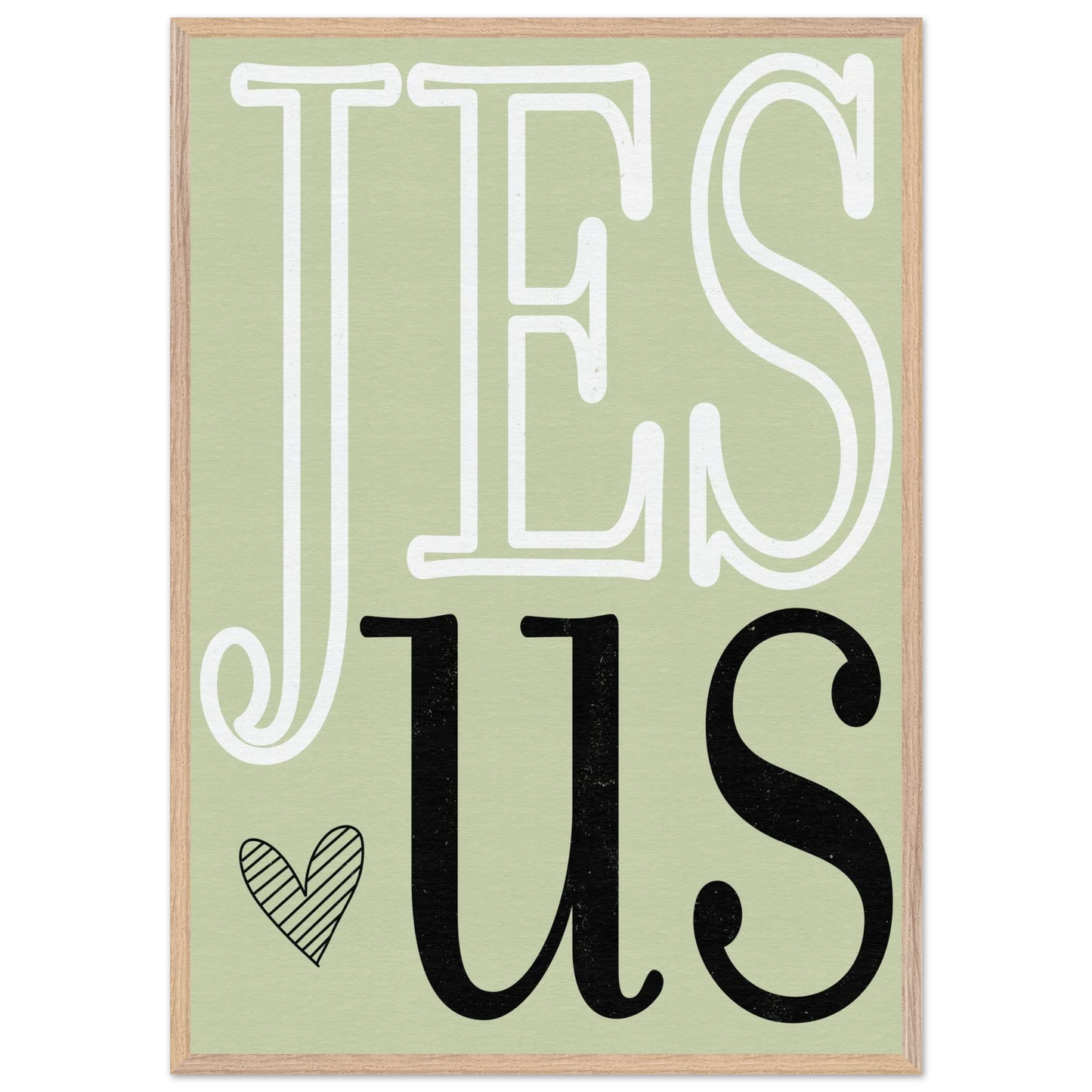 Decorative sign with 'Jesus' text on a light green background