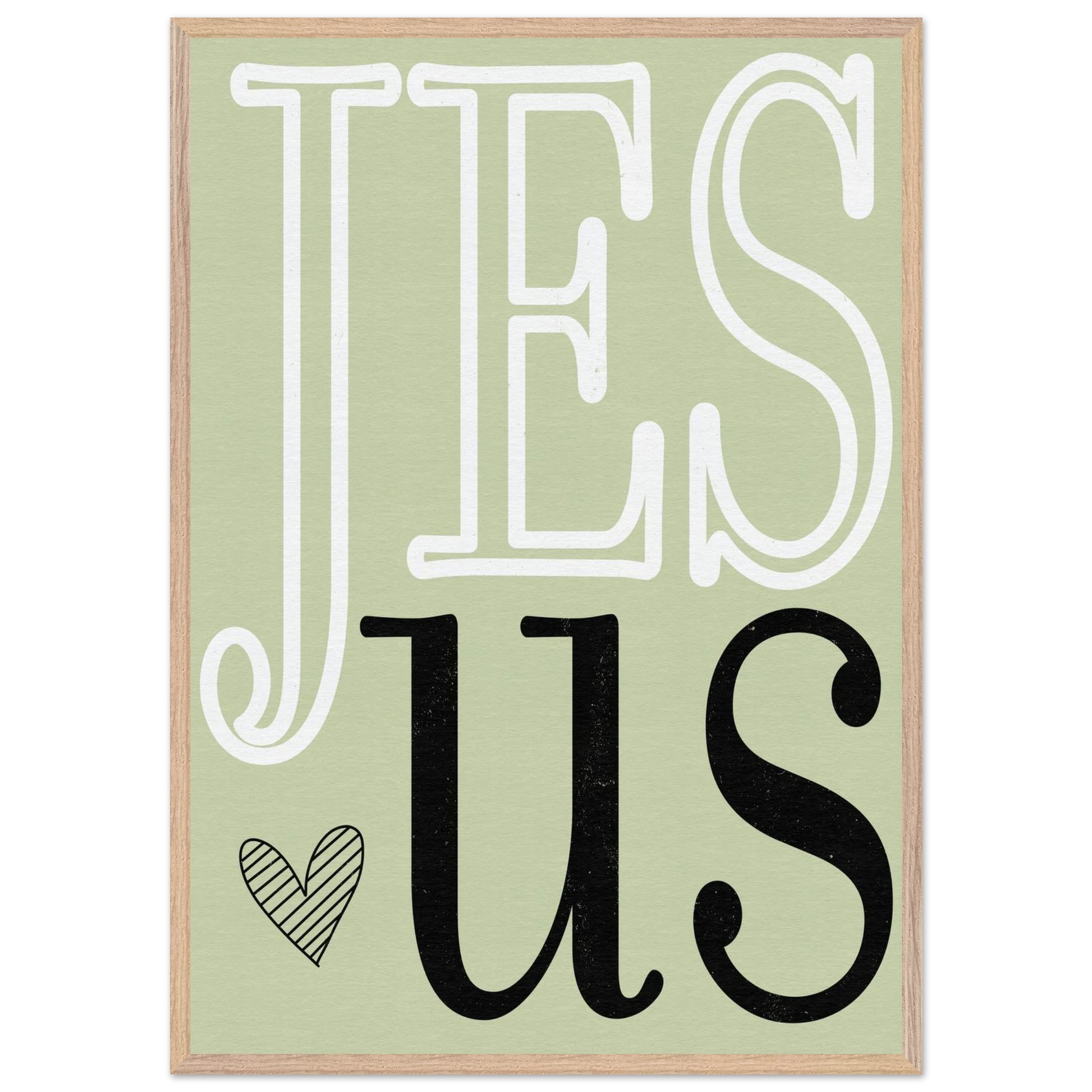 Decorative sign with 'Jesus' text on a light green background