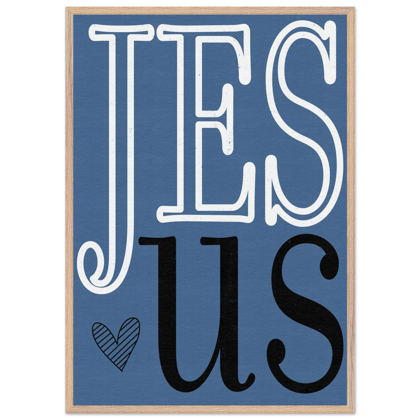 Framed artwork with 'JESUS' text on a blue background