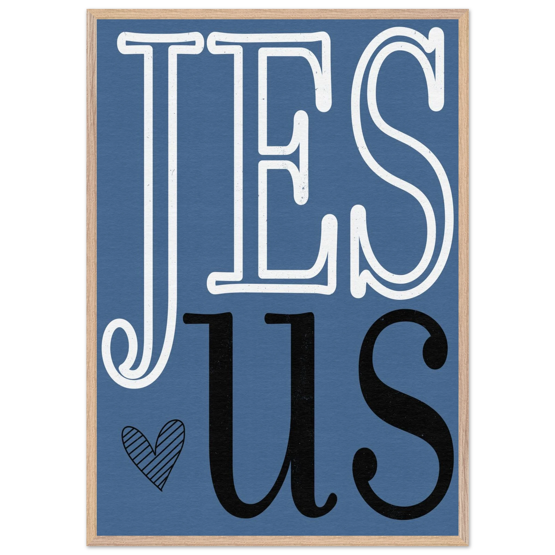 Framed artwork with 'JESUS' text on a blue background
