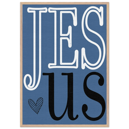 Framed artwork with 'JESUS' text on a blue background