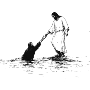 Illustration of a person being rescued from water by another person on a white background