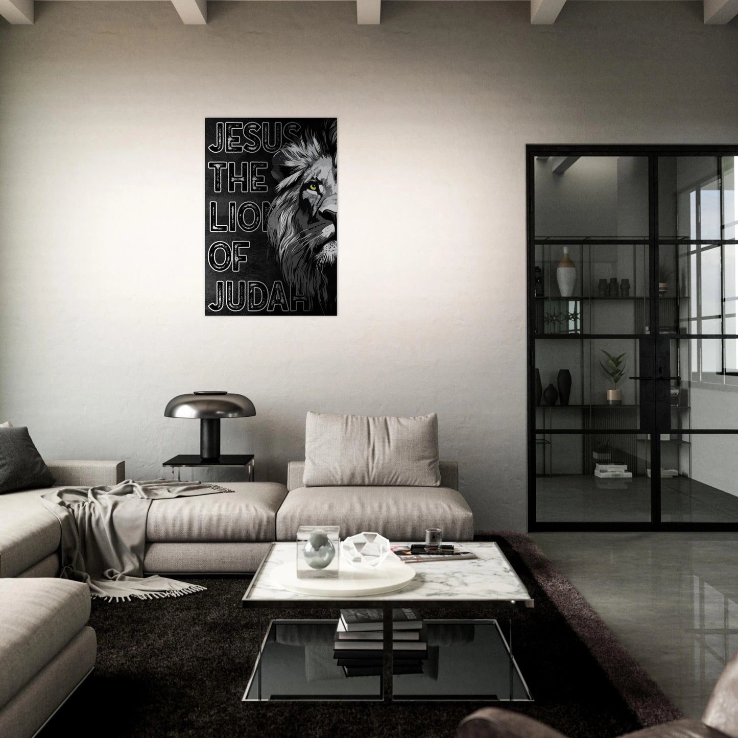 Modern living room with a 'Jesus the Lion of Judah' poster on the wall.