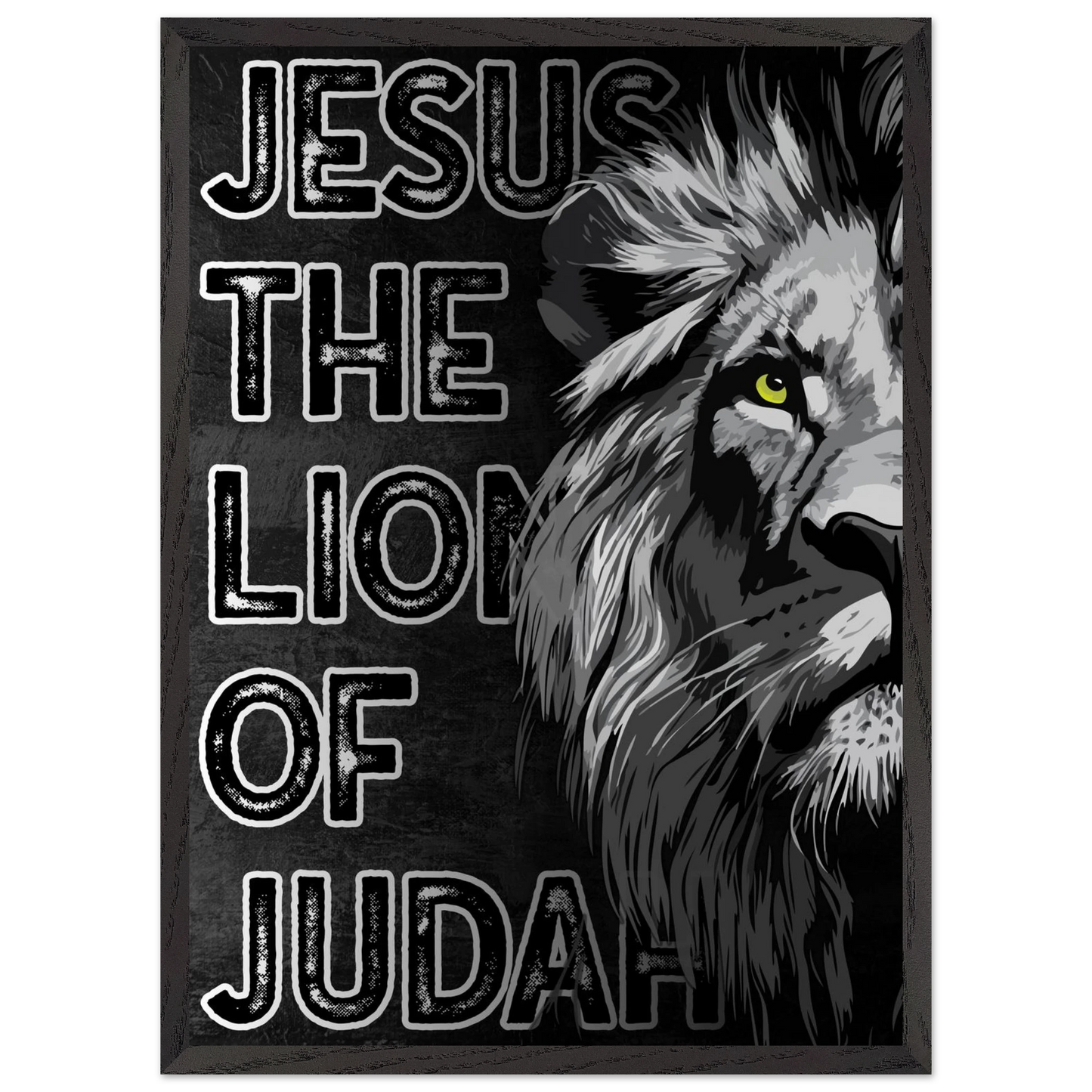 Poster with a lion's head and 'Jesus, The Lion of Judah' text on a dark background