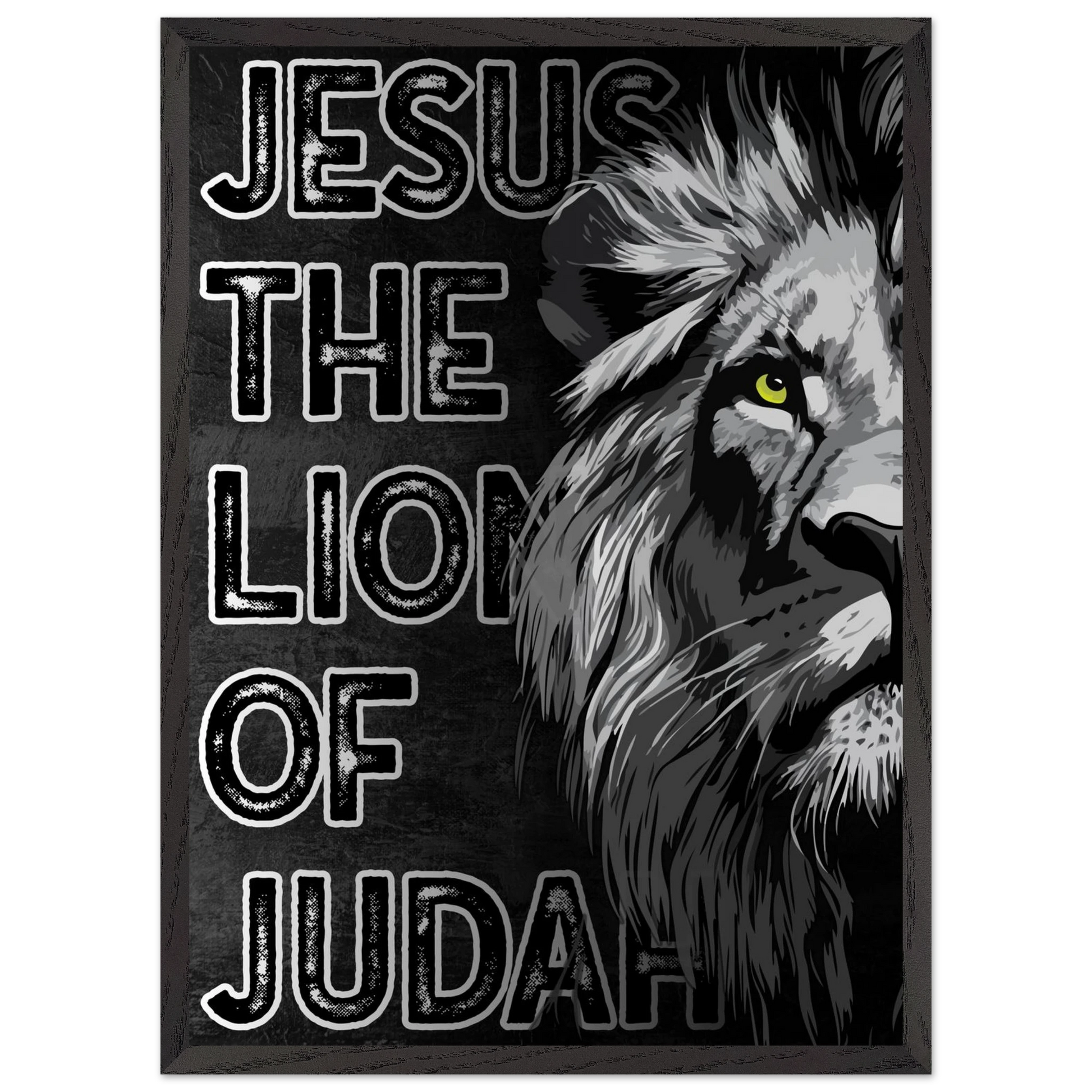 Poster with a lion's head and 'Jesus, The Lion of Judah' text on a dark background