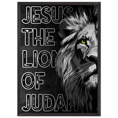 Poster with a lion's head and 'Jesus, The Lion of Judah' text on a dark background