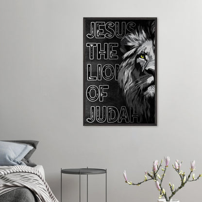 Poster with a lion's head and 'Jesus, The Lion of Judah' text on a gray wall above a bed.