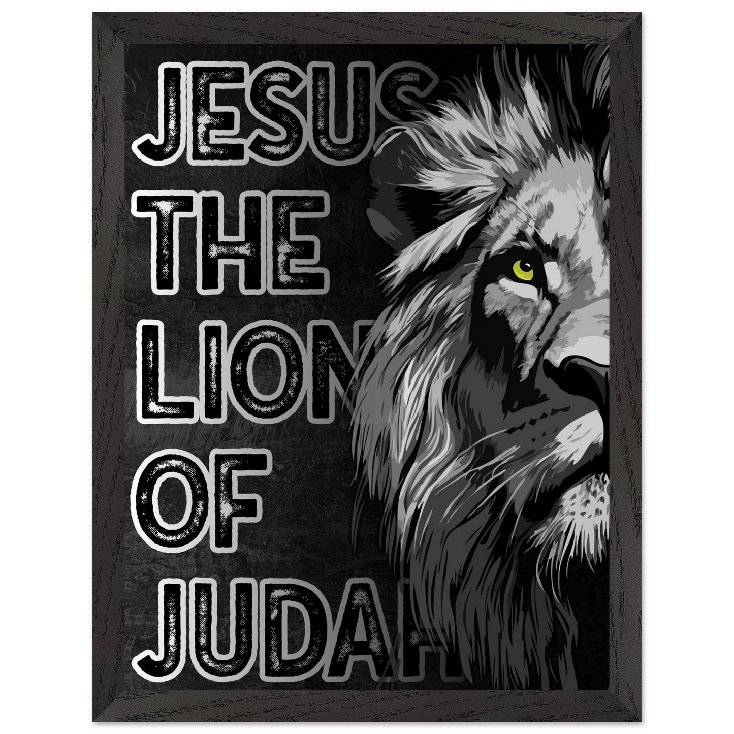 Framed poster with a lion and text 'Jesus the Lion of Judah' on a black background