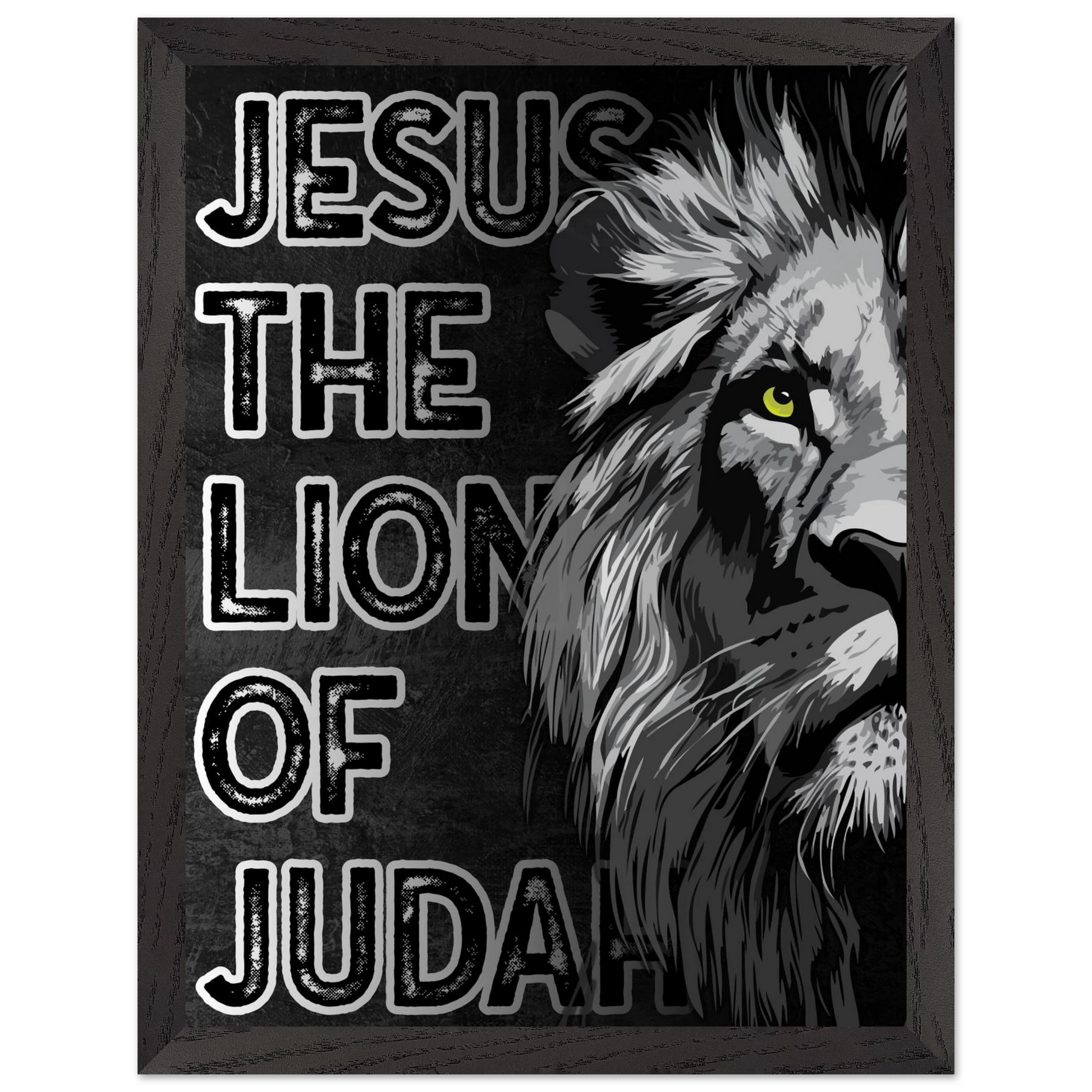 Framed poster with a lion and text 'Jesus the Lion of Judah' on a black background
