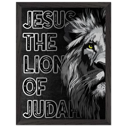 Framed poster with a lion and text 'Jesus the Lion of Judah' on a black background