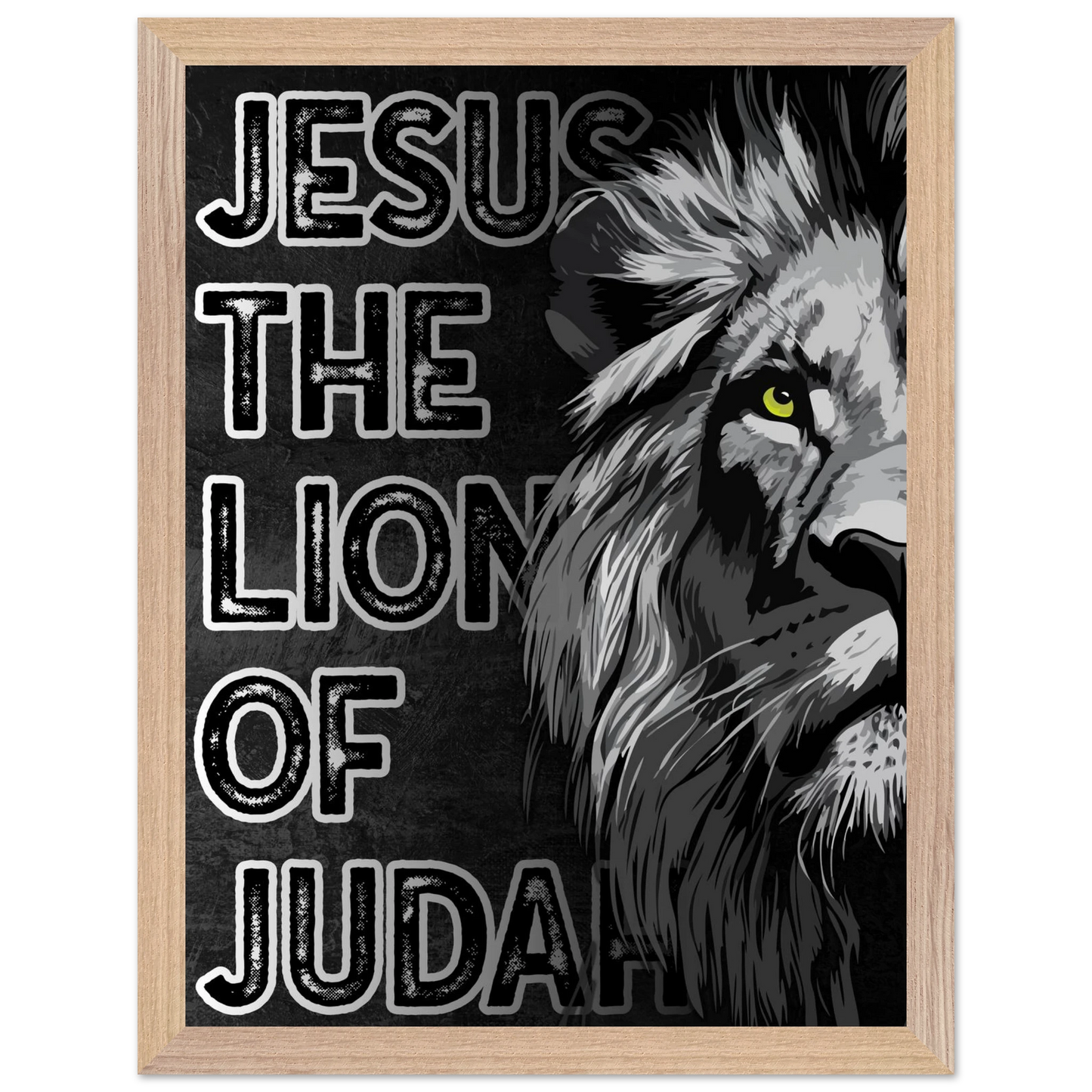 Framed poster with a lion illustration and text 'Jesus the Lion of Judah' on a black background.