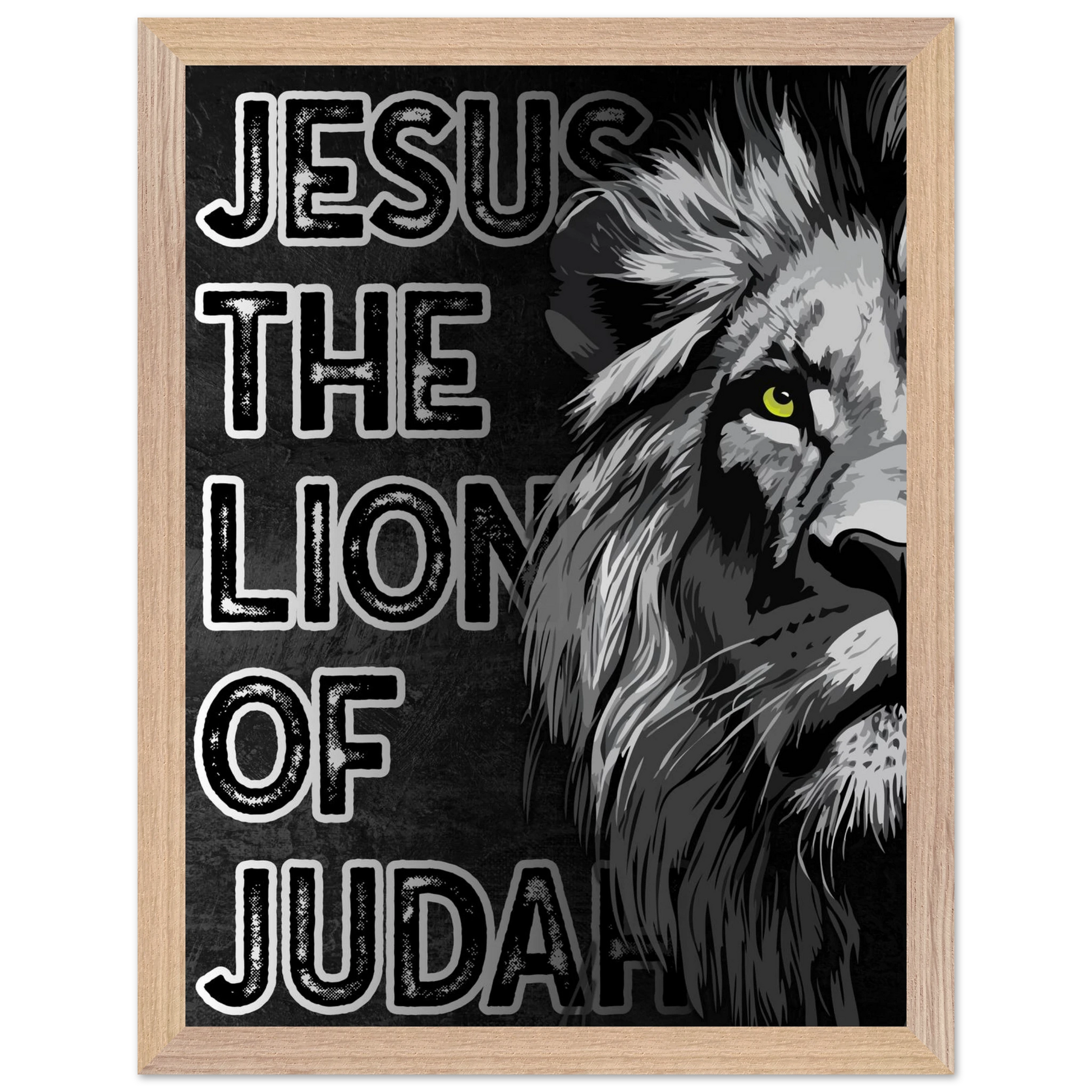 Framed poster with a lion illustration and text 'Jesus the Lion of Judah' on a black background.