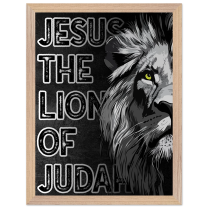 Framed poster with a lion illustration and text 'Jesus the Lion of Judah' on a black background.