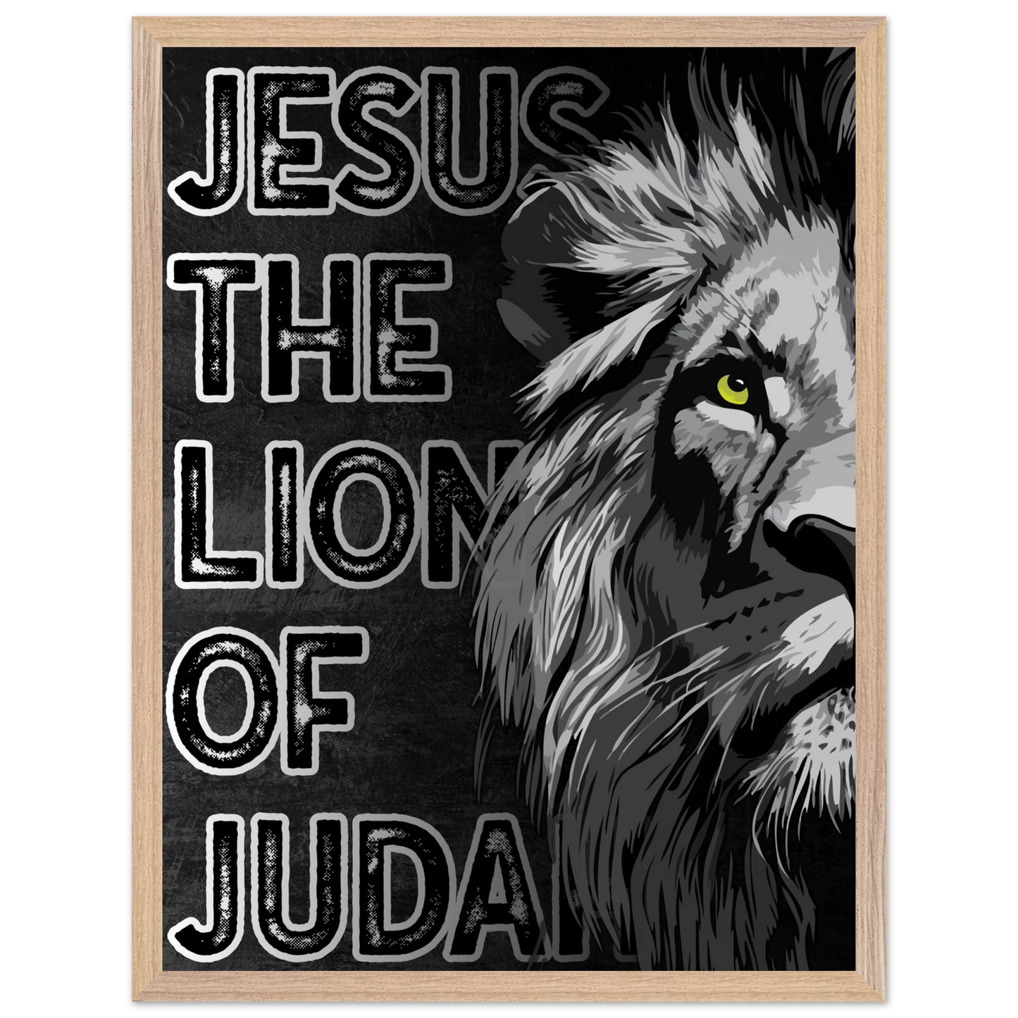 Poster with a lion and text 'Jesus The Lion of Judah' on a black background