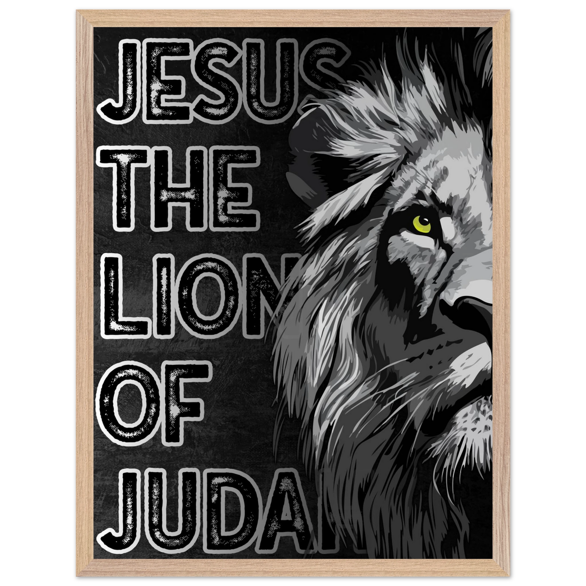 Poster with a lion and text 'Jesus The Lion of Judah' on a black background