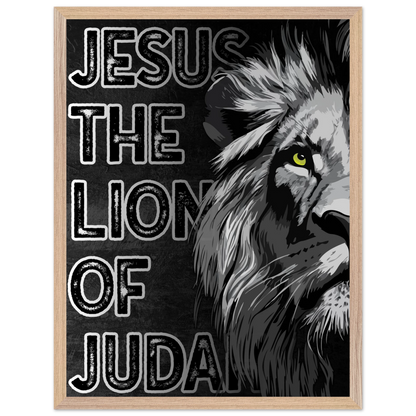 Poster with a lion and text 'Jesus The Lion of Judah' on a black background