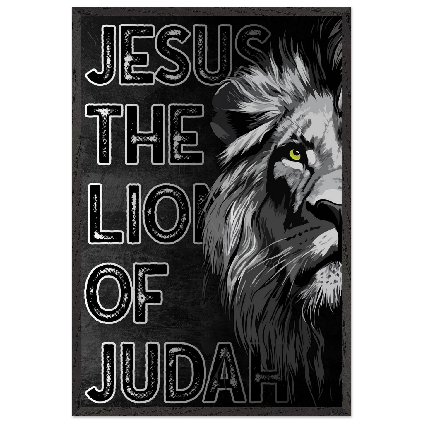 Lion with 'Jesus, The Lion of Judah' text on a dark background