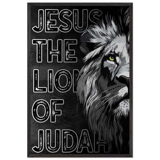 Lion with 'Jesus, The Lion of Judah' text on a dark background
