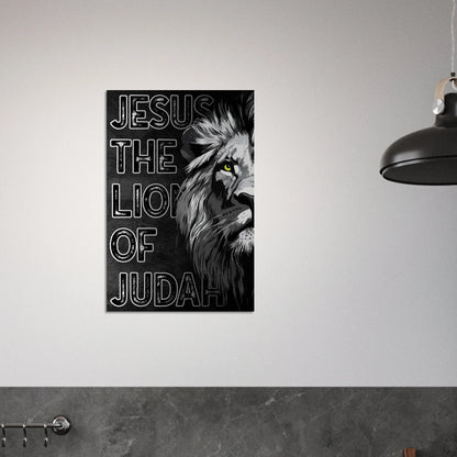 Poster with a lion's head and 'Jesus the Lion of Judah' text on a gray wall.