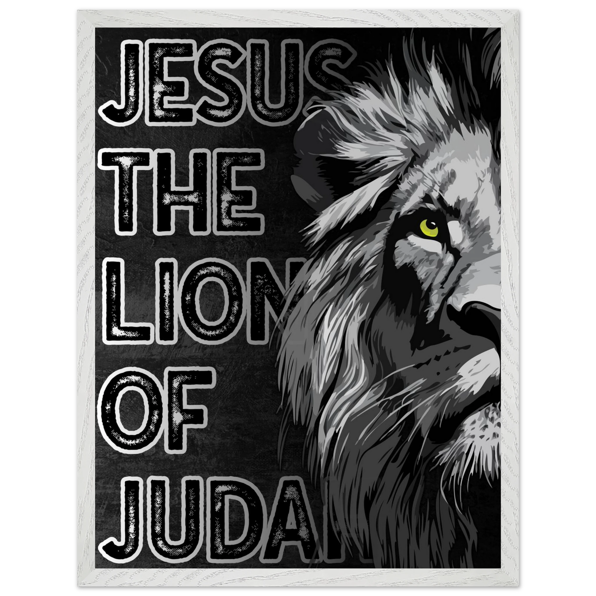 Lion with text 'Jesus The Lion of Judah' on a dark background