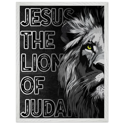 Lion with text 'Jesus The Lion of Judah' on a dark background