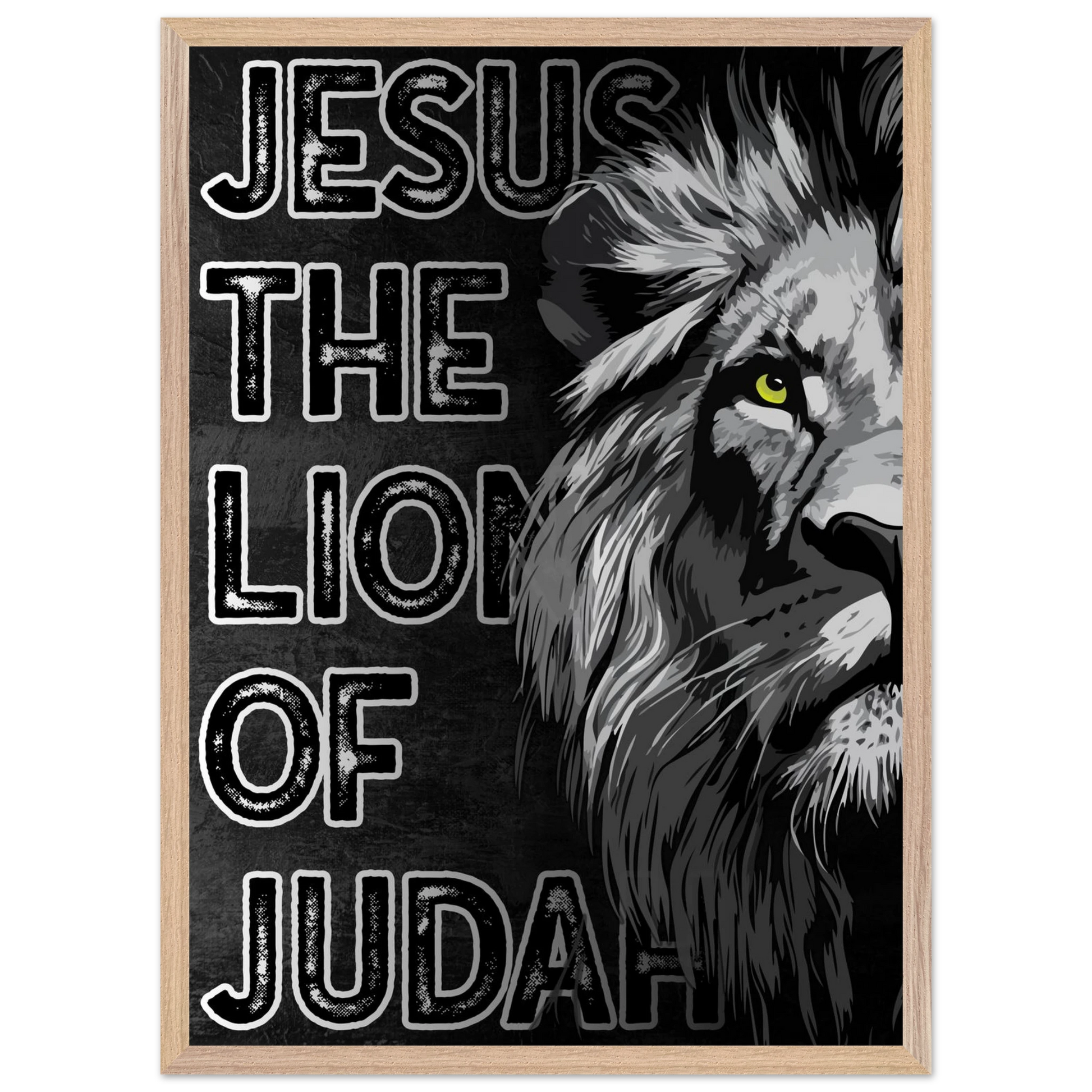 Poster with a lion's head and 'Jesus, The Lion of Judah' text on a black background.