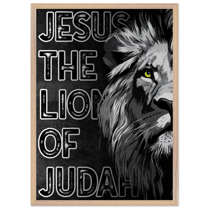 Poster with a lion's head and 'Jesus, The Lion of Judah' text on a black background.