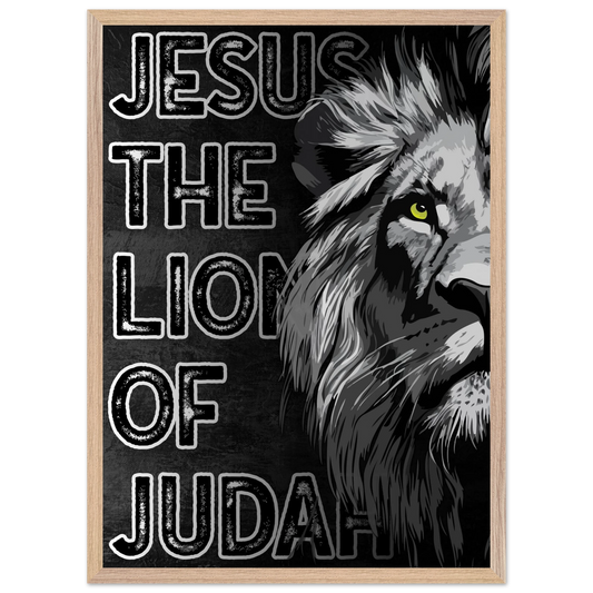 Poster with a lion's head and 'Jesus, The Lion of Judah' text on a black background.