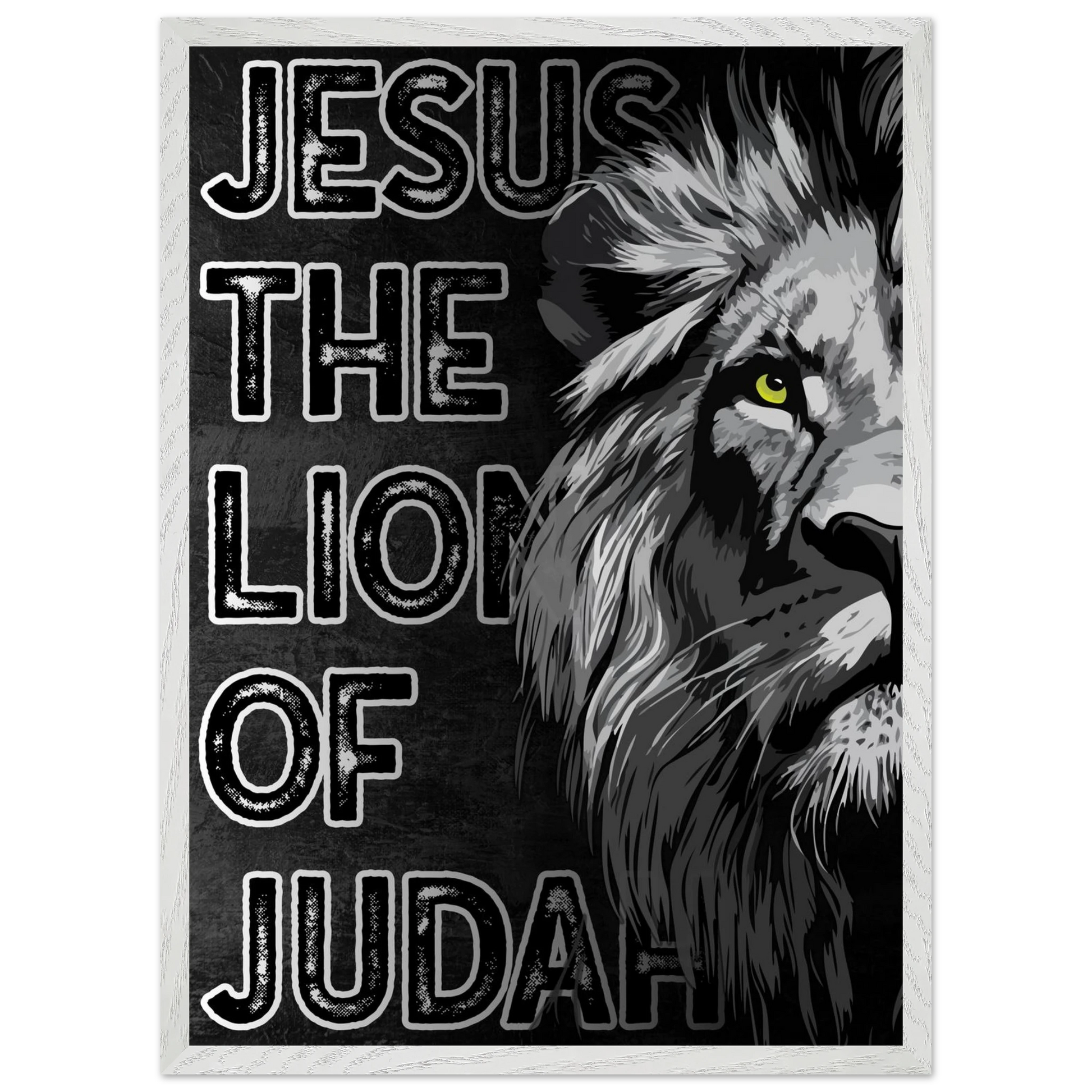 Lion with text 'Jesus The Lion of Judah' on a black background