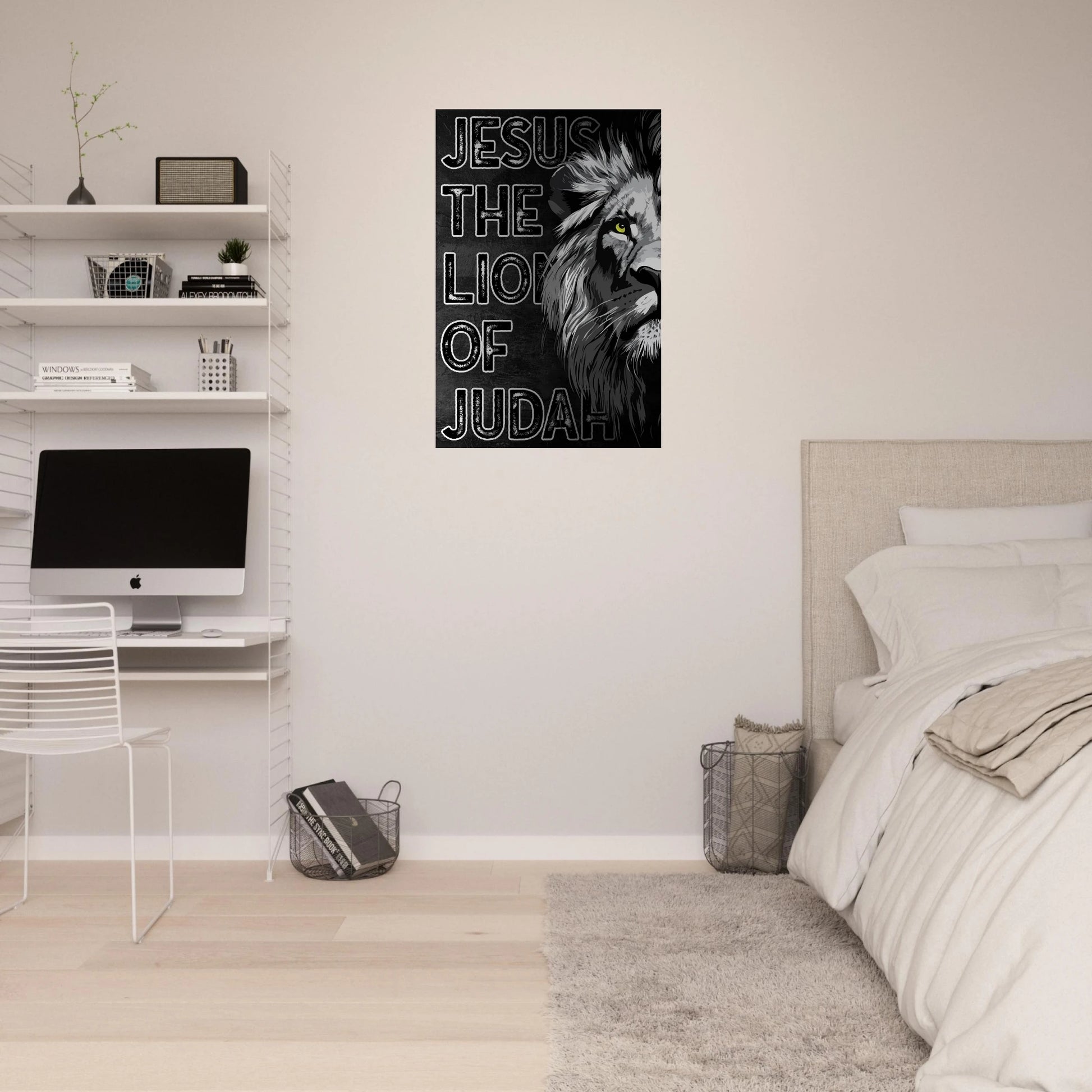 Room interior with a 'Jesus the Lion of Judah' poster on the wall.