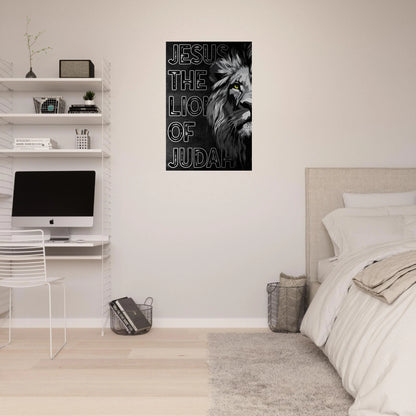 Room interior with a 'Jesus the Lion of Judah' poster on the wall.