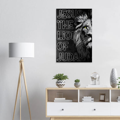 Poster with 'Jesus the Lion of Judah' design on a wall above a wooden cabinet with decorative items.