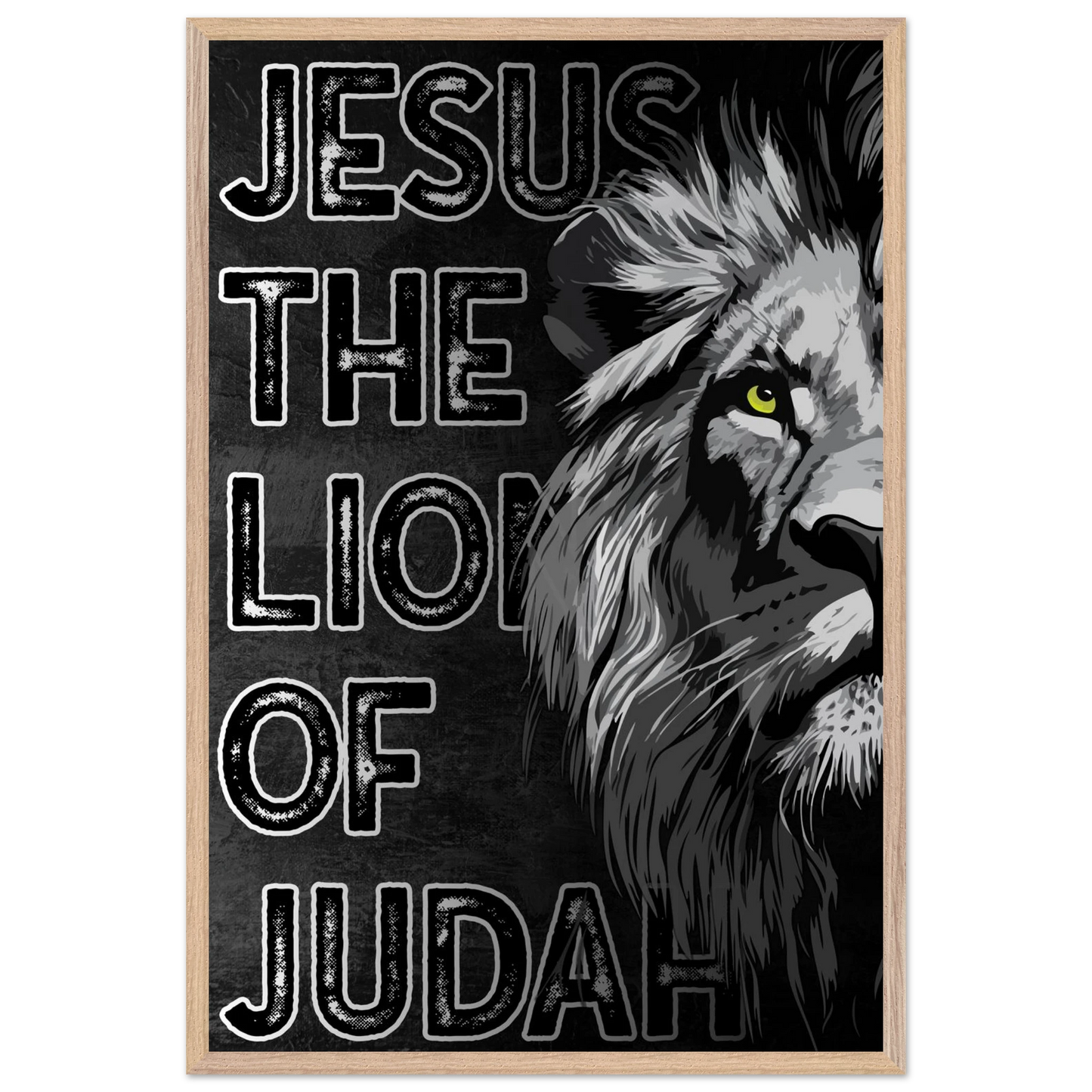Poster with a lion's head and 'Jesus, The Lion of Judah' text on a black background.