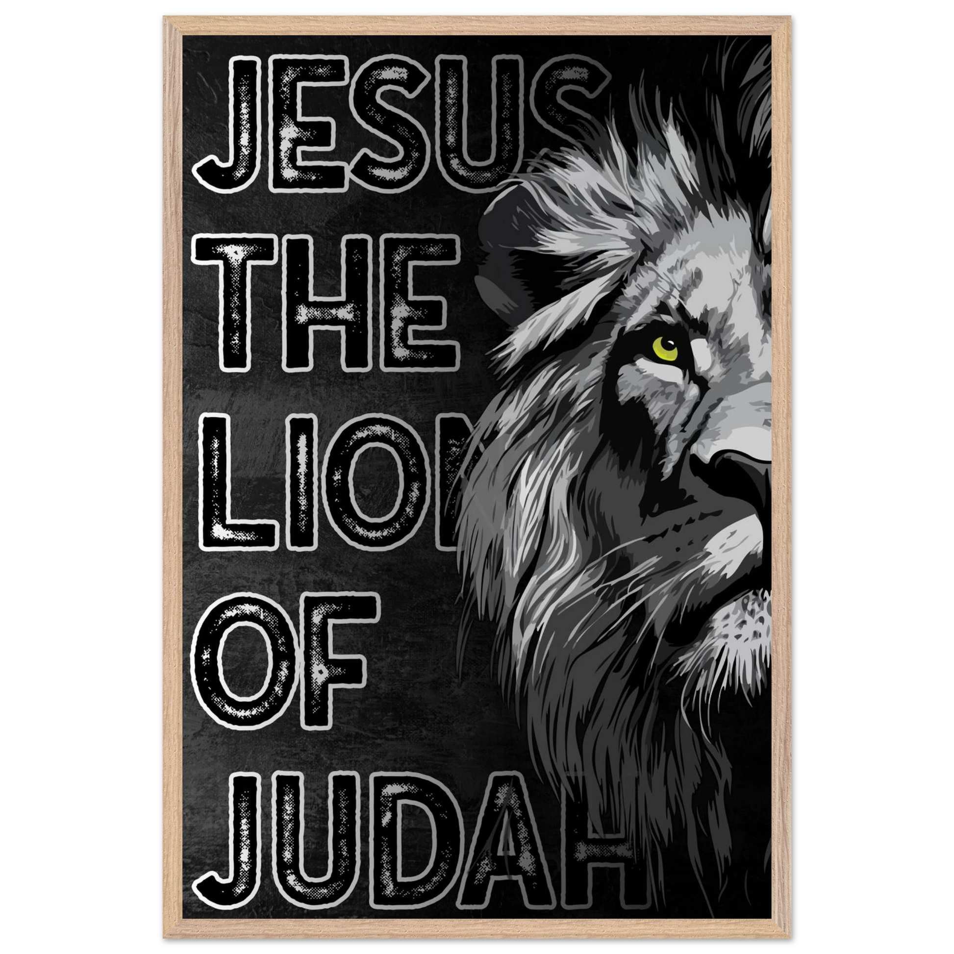 Poster with a lion's head and 'Jesus, The Lion of Judah' text on a black background.