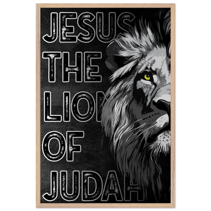 Poster with a lion's head and 'Jesus, The Lion of Judah' text on a black background.