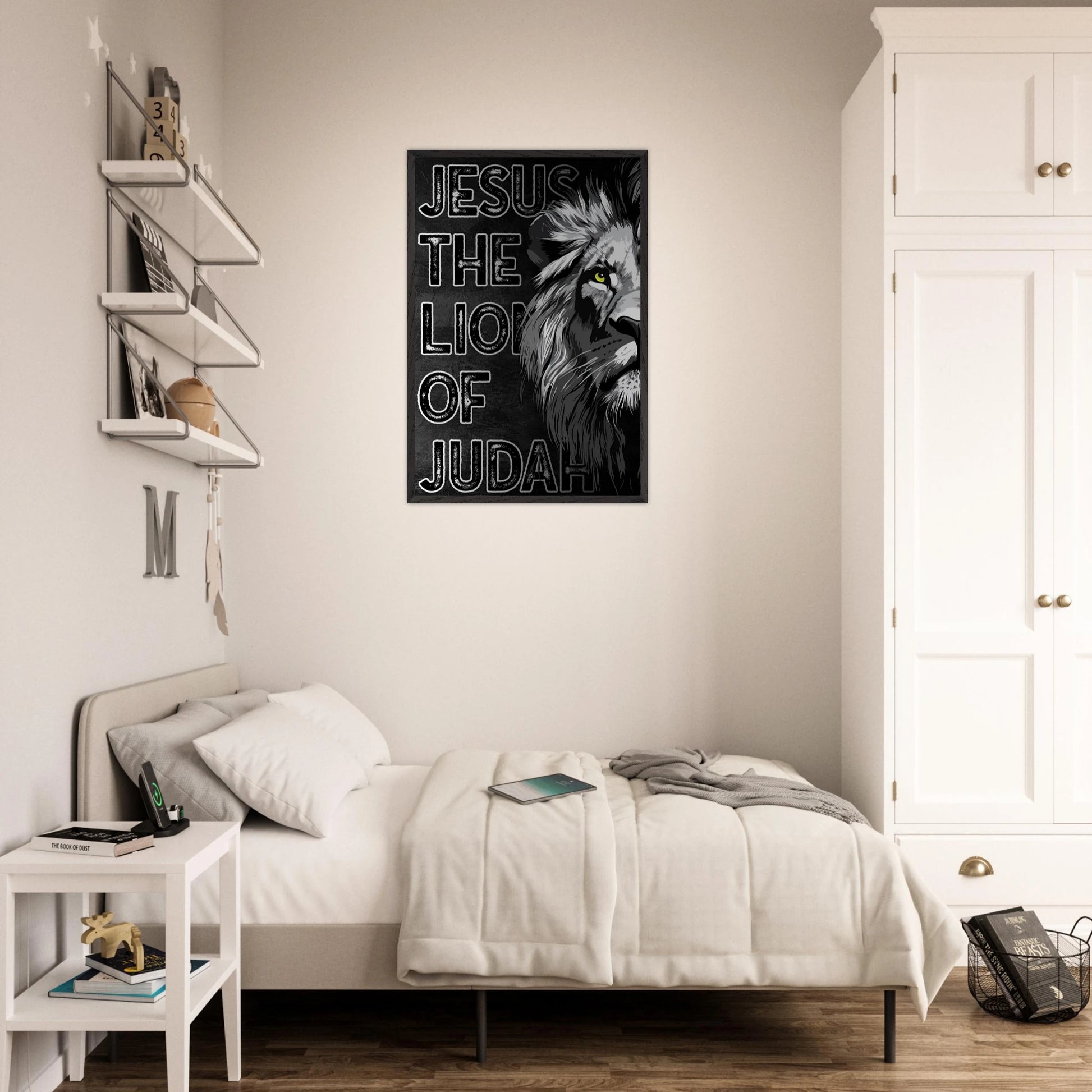 Room interior with a bed, nightstand, and wall art featuring a lion and text.