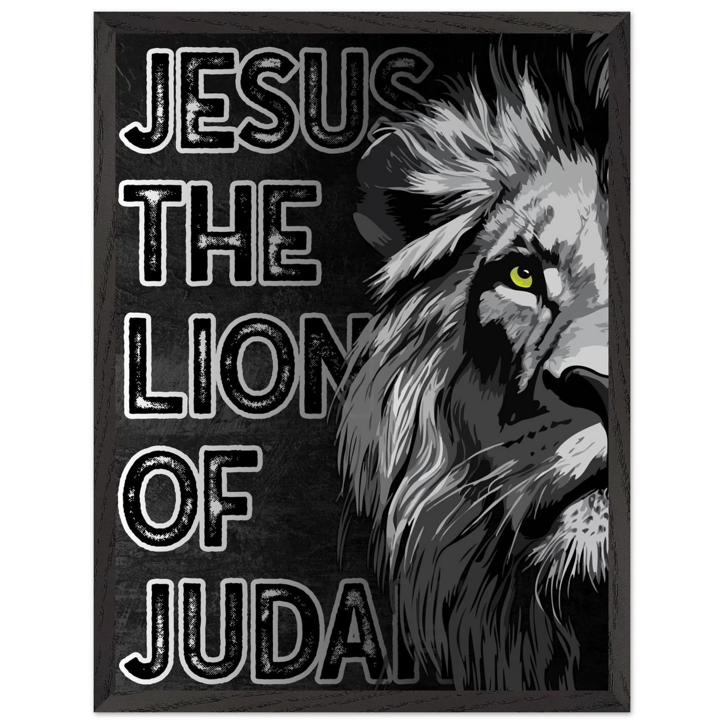 Lion with text 'Jesus The Lion of Judah' on a black background