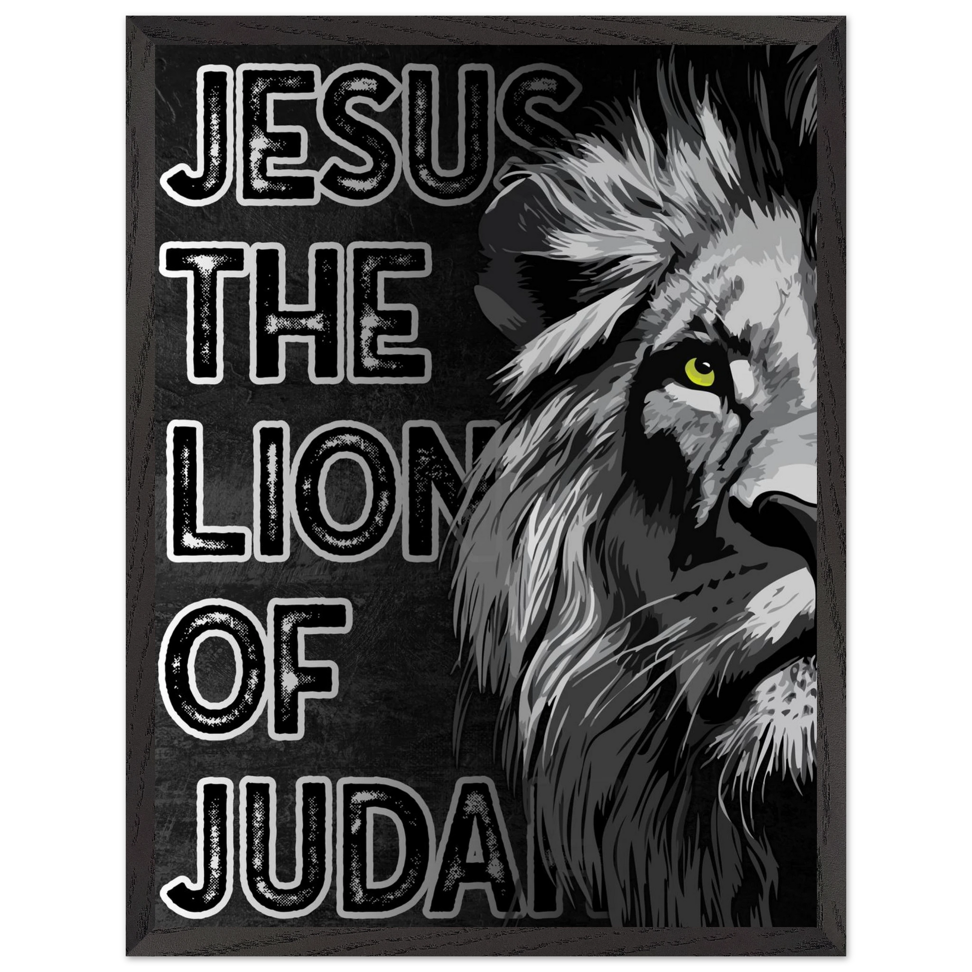Lion with text 'Jesus The Lion of Judah' on a black background