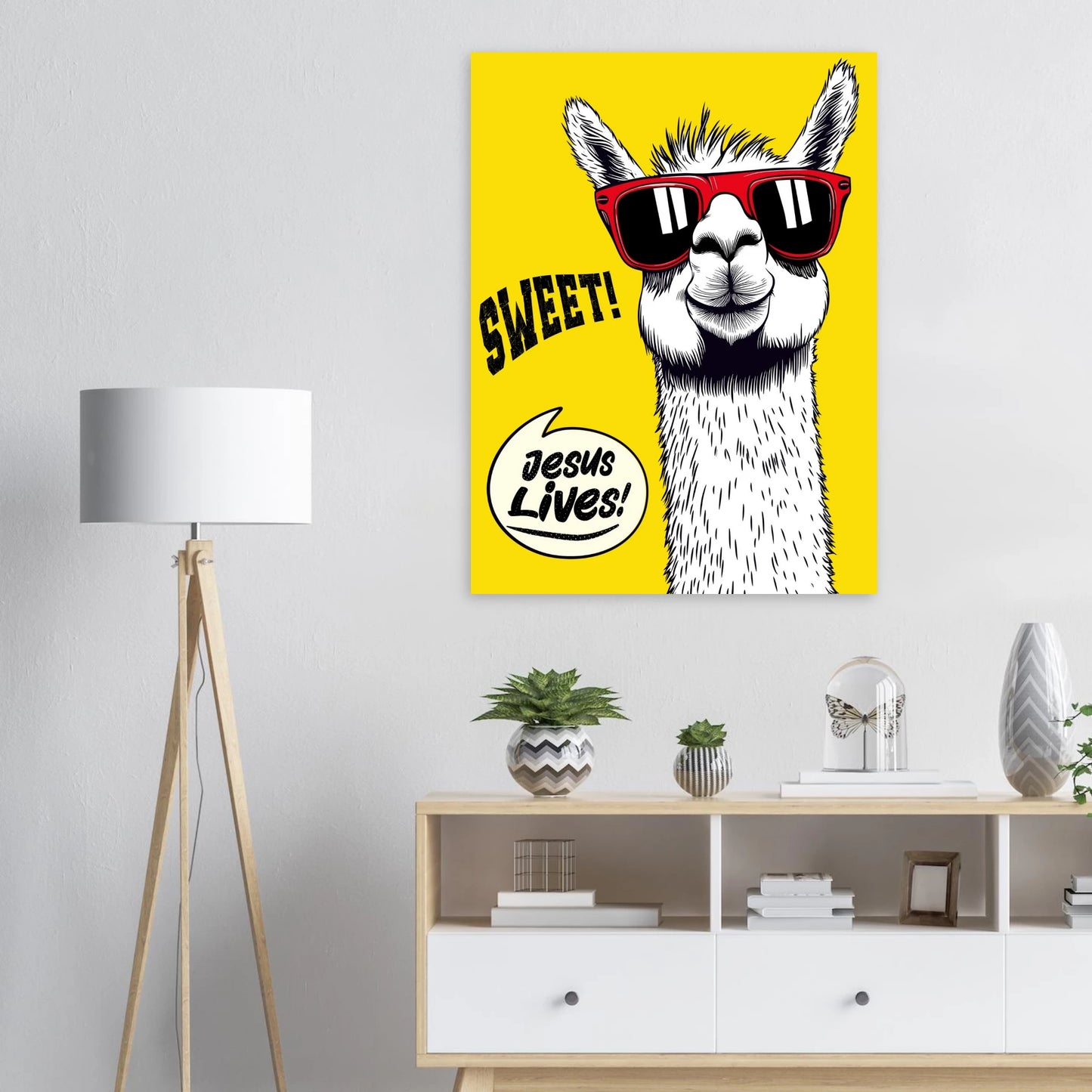 Llama Christian poster mockup displayed on a modern living room wall.