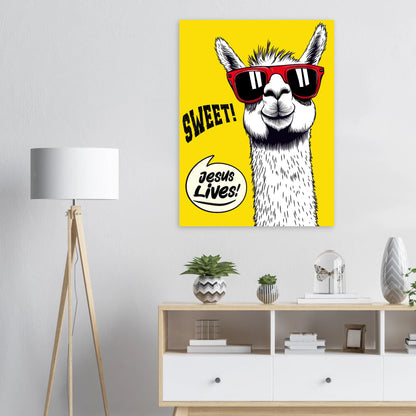 Llama Christian poster mockup displayed on a modern living room wall.