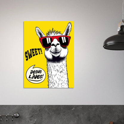 Yellow ‘Jesus Lives’ llama poster framed as wall art in a bright minimalist room.