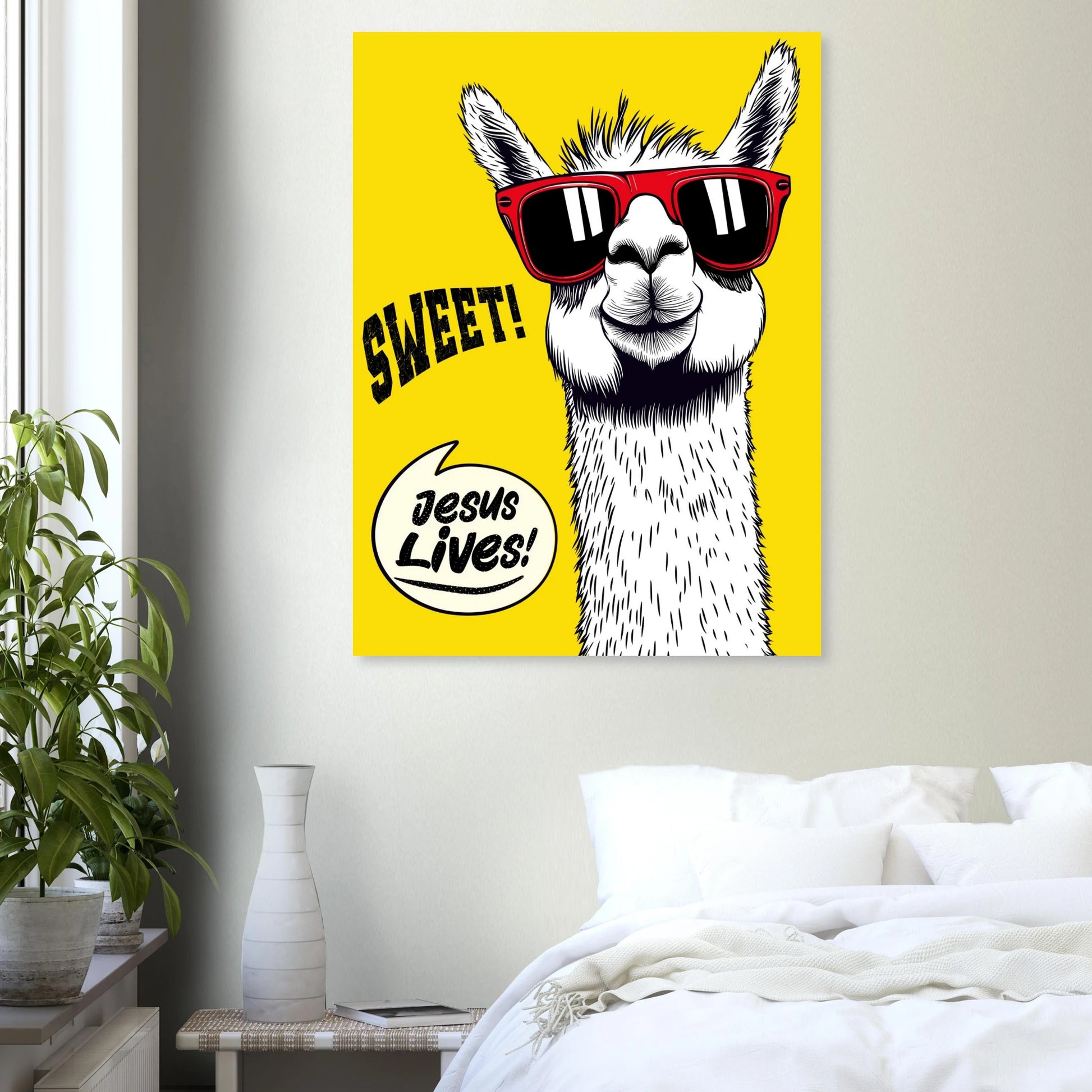 Llama ‘Sweet! Jesus Lives!’ poster showcased as wall decor in a cozy bedroom.