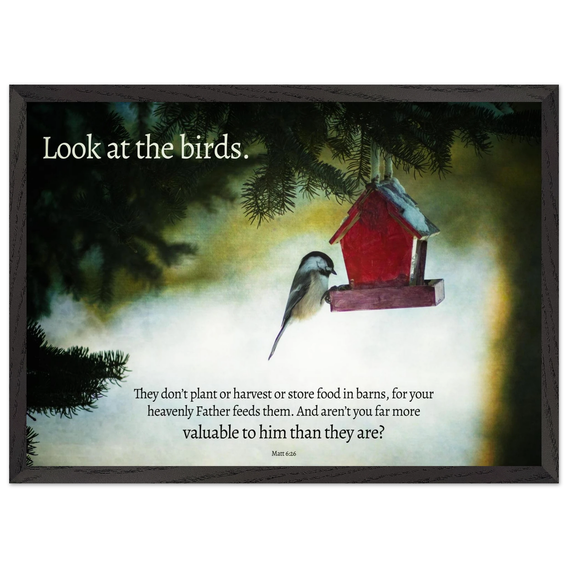 Framed artwork with a bird on a red birdhouse and inspirational quote.