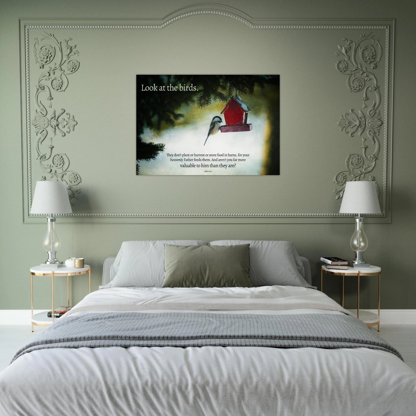 Bedroom with a decorative headboard featuring a framed picture of birds and a red birdhouse.