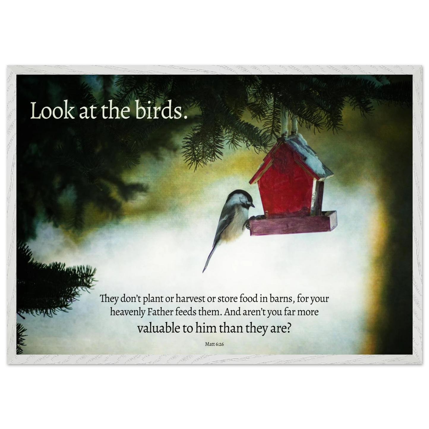 Red birdhouse with a bird on a misty background, featuring a motivational quote.