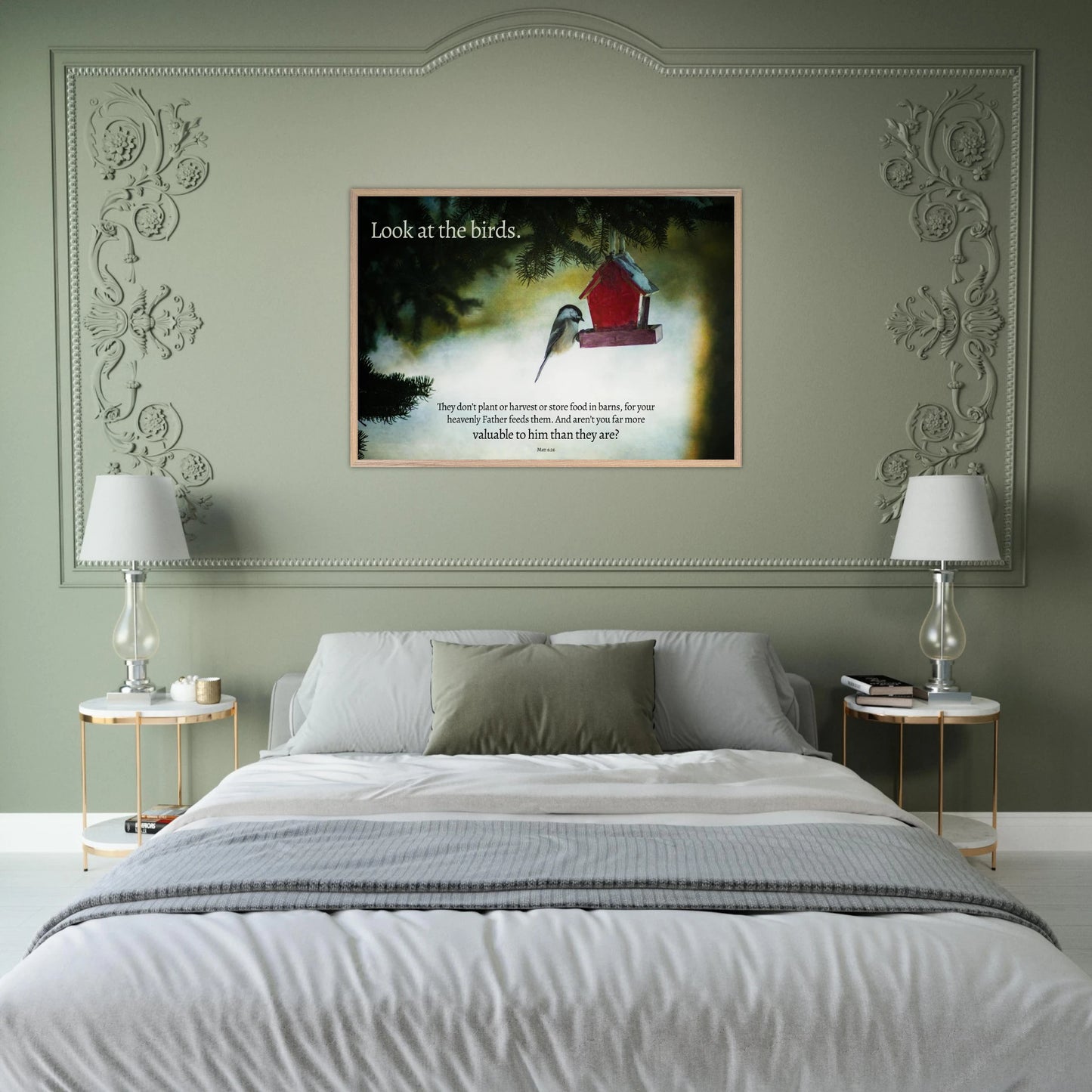 Bedroom with a framed picture of a birdhouse on the wall