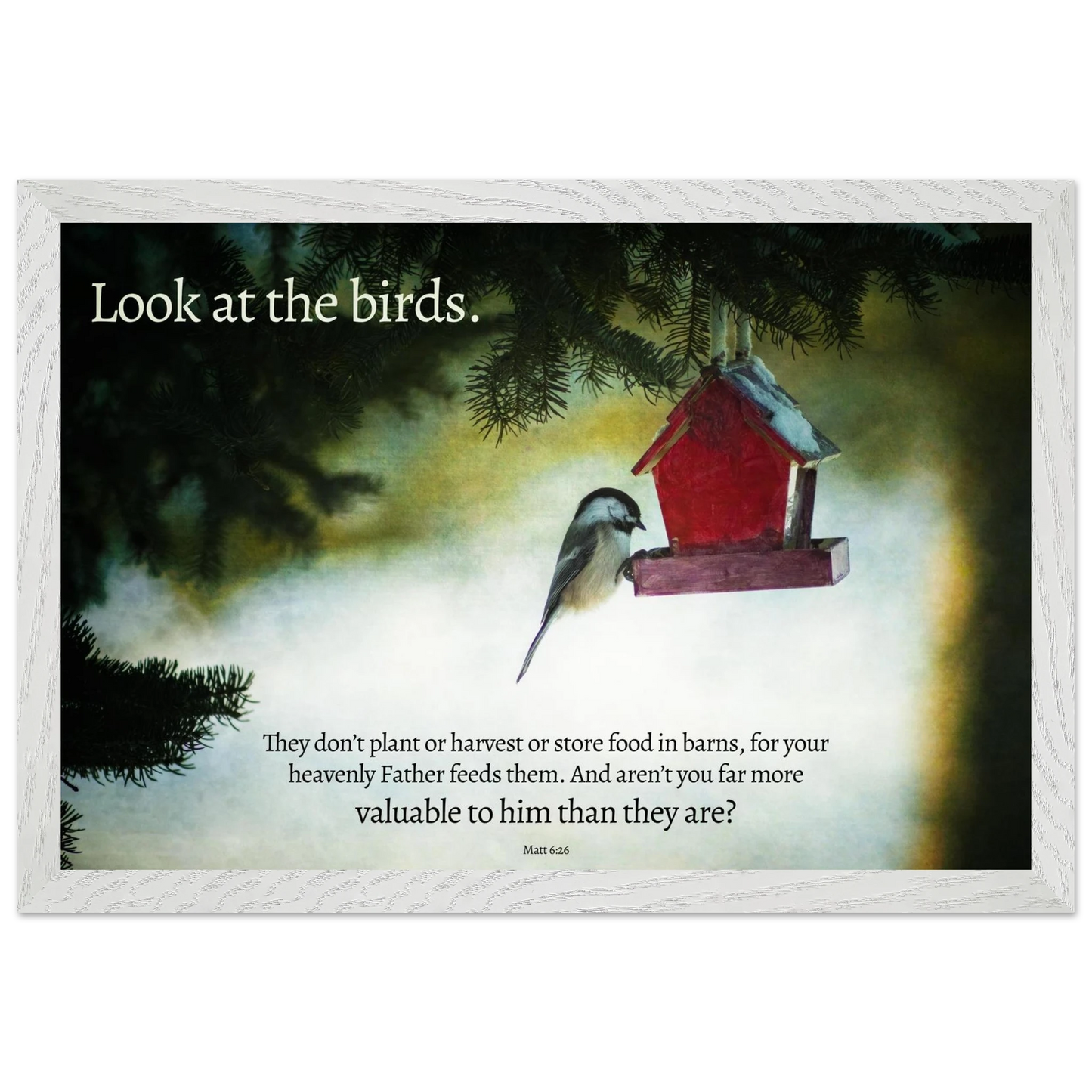 Framed artwork with a bird and birdhouse on a misty background, featuring a quote.